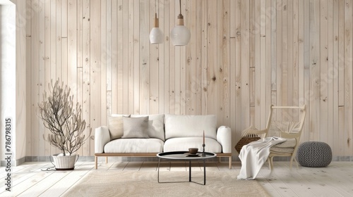 Serene Scandinavian interior design with minimalist pine wood wall, AI Generative.