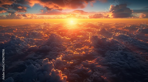 Aerial cloudscape at sunrise, glowing with a warm and heavenly light, AI Generative. © Alisa