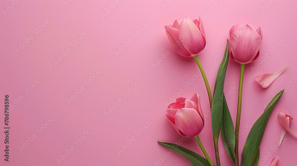 Fototapeta premium Serene pink tulips over a vibrant pink background, symbolizing gentle spring, AI Generative.
