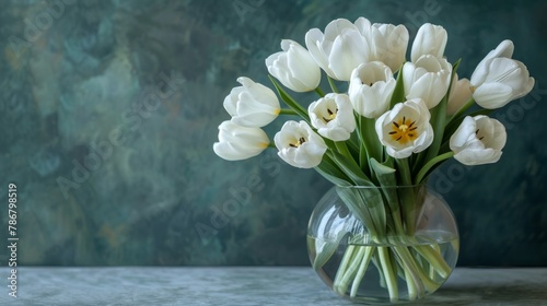 Elegant white tulips in a glass vase on a marble table, AI Generative. #786798519