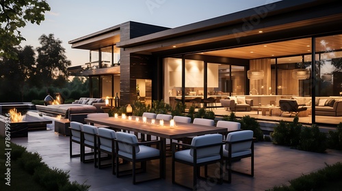 Luxury home exterior at sunset: Outdoor covered patio with kitchen barbecue dining table and seating area overlooking grass field and trees  © Wajid