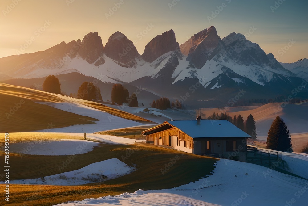 Panoramic Morning View Of Alpe Di Siusi Village Majestic Winter Panoramic Morning View Of Alpe Di Siusi Village Majestic Winter