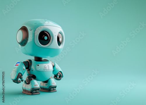 minimalist and cute desktop wallpaper 4K. Mint green backdrop with 3-d render of a robot head in the foreground floating next to the words "AI" with flag countries