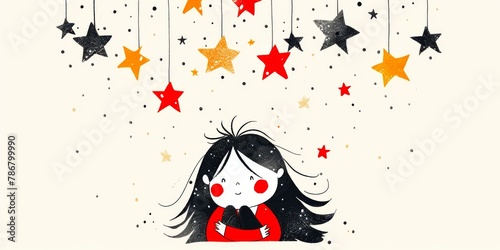 Charming Girl Sitting Below Hanging Stars. Whimsical Illustration Style.  Daydreaming  Wishing  Happy and Optimistic.