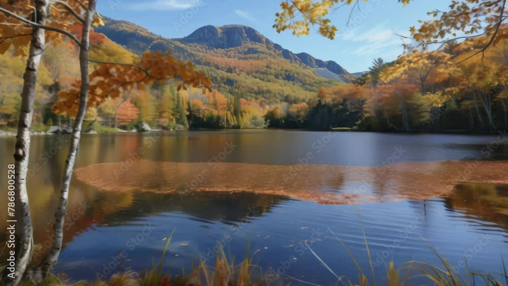 Serene mountain lake mirroring the vibrant hues of autumn, as the surrounding hillsides blaze with brilliant yellows, reds, and oranges. Serene mountain lake mirroring the vibrant hues of autumn, as the surrounding hillsides blaze with brilliant yellows, reds, and oranges.