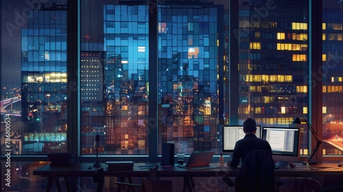 A office building facade with man working on computer at night, Generative AI
