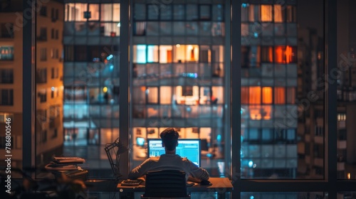 A office building facade with man working on computer at night, Generative AI