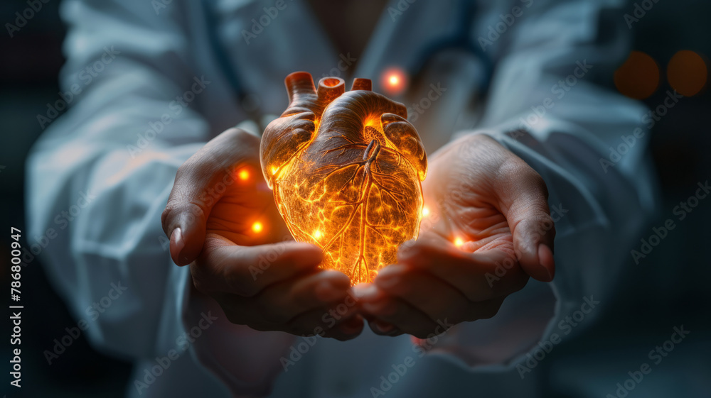 Medical doctor holding glowing anatomic human heart in hands, cardiovascular system protection and care,generative ai