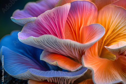 Closeup of colorful mushroom lamellae  magic mushroom  macro view  strong psychedelic colors. Decorative  psychic background and design pattern  wallpaper  poster.