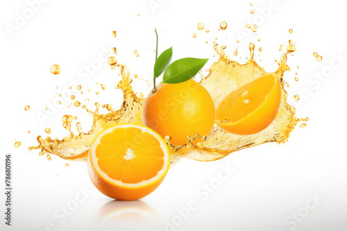 Fresh Orange Slices with Juice Splash Isolated on White, Energetic Fruit Concept