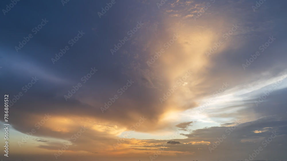 Sunset sky, sunrise with yellow and blue sky, romantic natural landscape 