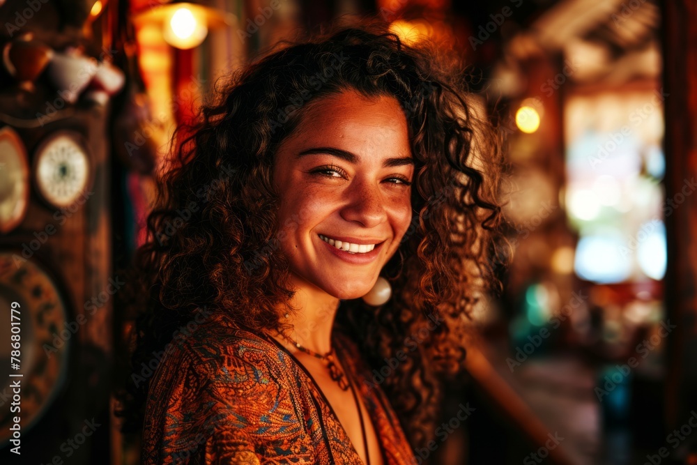 Portrait of a beautiful young woman with curly hair in a restaurant.