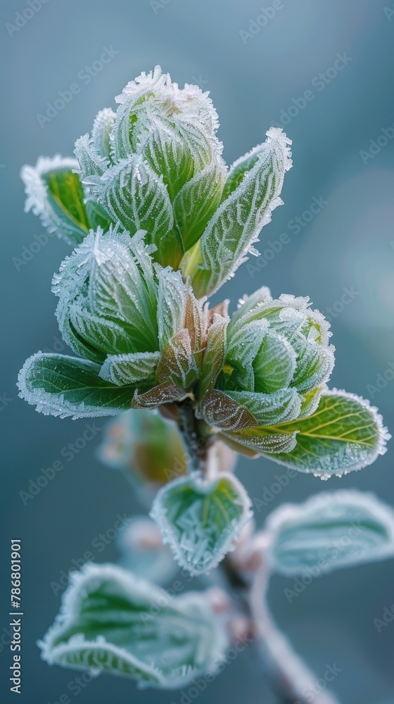 Frozen flowers and leaves