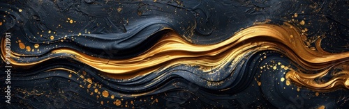 Golden Swirls and Waves: Abstract Black and Gold Acrylic Painting Texture for Luxury Background Banner on Canvas