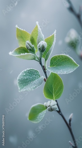 Frozen flowers and leaves