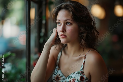 Portrait of a beautiful young brunette woman in a cafe.