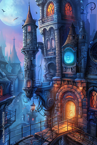 A digital painting of a clock tower in a fantasy city. The tower is made of gray stone and has a large blue clock on its face. The city is made up of tall buildings with narrow streets and is lit by a