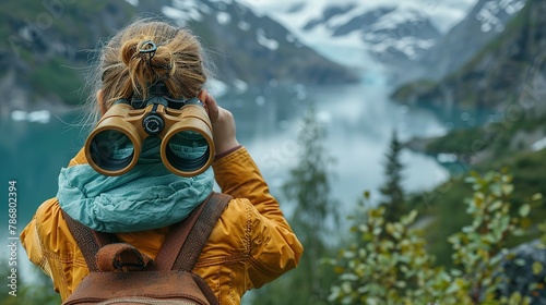 A young girl looks through tourist binoculars toward a fjord in Alaska