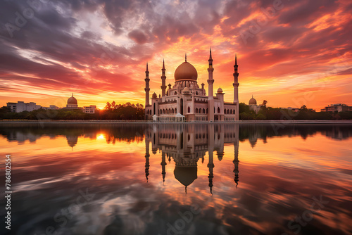 A serene sunrise over the Mosque reflected with calm waters