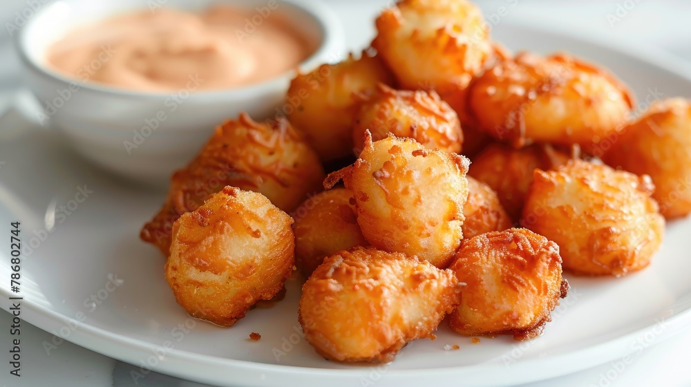 Mini pastel fried to perfection with a side of dipping sauce presented on a clean white surface Mini pastel fried to perfection with a side of dipping sauce presented on a clean white surface