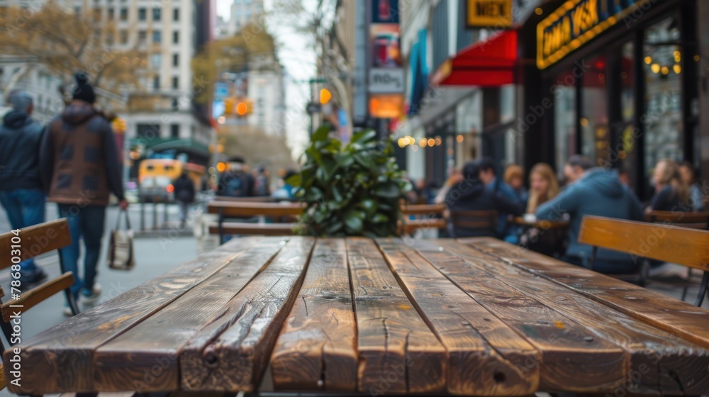 Wooden cafe table on a busy city sidewalk