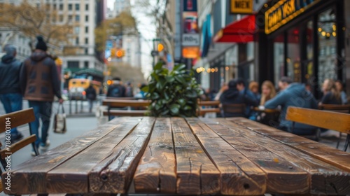 Wooden cafe table on a busy city sidewalk