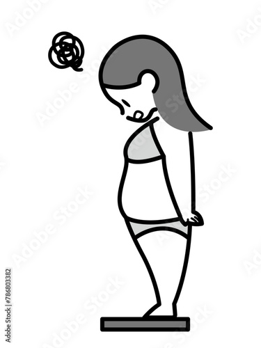 体型を気にして体重計に乗っている女性のモノクロイラスト