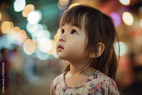 Cute little asian girl looking up with bokeh background