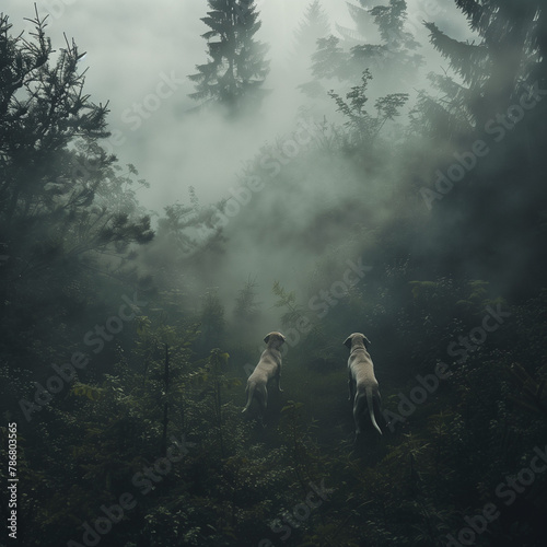 weimaraners walking through misty forest
