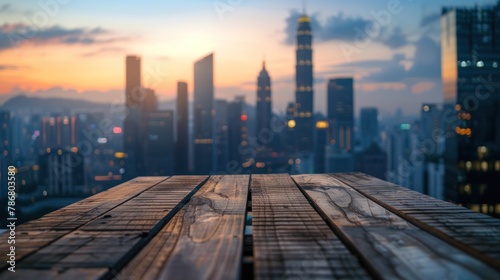 Picnic-style wooden table on a city rooftop terrace