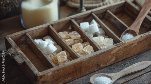 Raw sugar, rock sugar, granulation and cube sugar in the wooden box with wooden spoon beside.These are the nutritive sweeteners. sucrose or table sugar made up of fructose and glucose from the cane photo