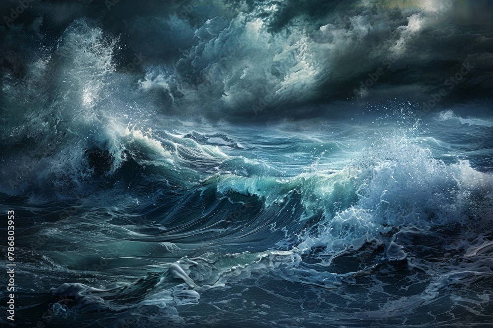A dramatic seascape with crashing waves and a stormy sky, capturing the raw power and beauty of nature