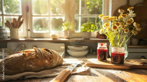 Farmhouse kitchen table with a fresh loaf of bread and jars of homemade jam
