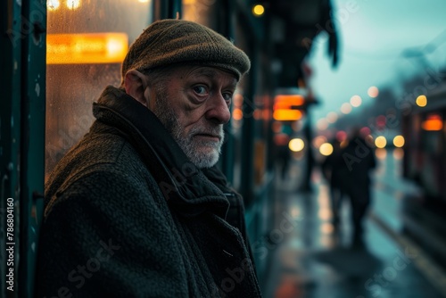Portrait of an elderly man in the city at night. Shallow depth of field.