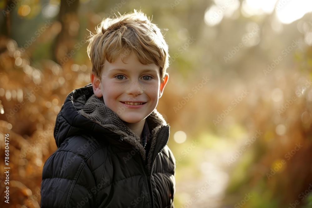 Portrait of a young boy in the autumn forest. The child smiles. Portrait of a young boy in the autumn forest. The child smiles.