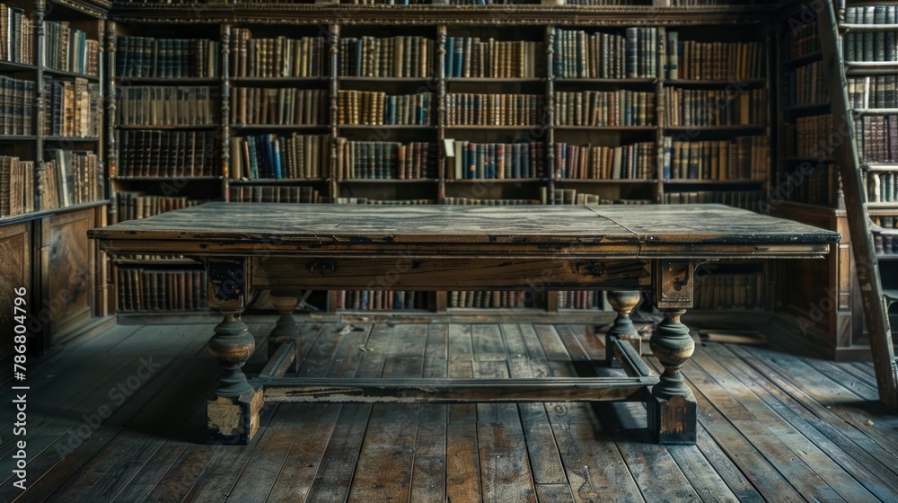 An antique wooden table in a library surrounded by shelves of old books An antique wooden table in a library surrounded by shelves of old books