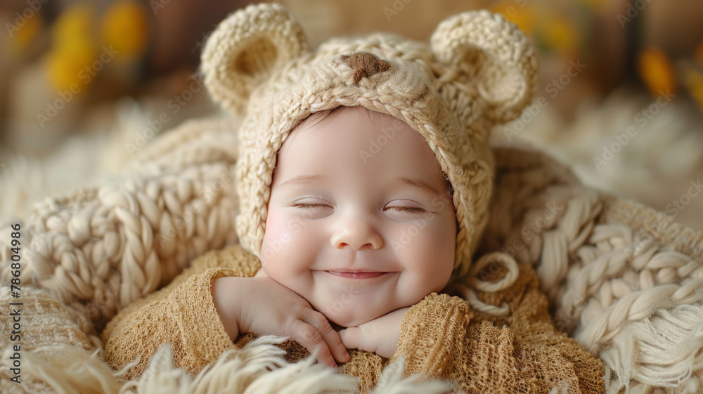 newborn baby, bear outfit on baby, baby smiles at the camera with her hands under her chingenerative ai newborn baby, bear outfit on baby, baby smiles at the camera with her hands under her chingenerative ai