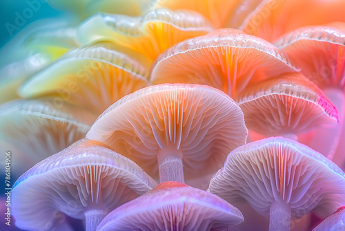 Closeup of colorful mushroom lamellae, magic mushroom, macro view, strong psychedelic colors. Decorative, psychic background and design pattern, wallpaper, poster.