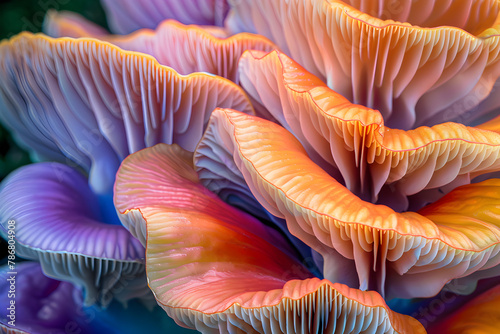 Closeup of colorful mushroom lamellae, magic mushroom, macro view, strong psychedelic colors. Decorative, psychic background and design pattern, wallpaper, poster. © martesign