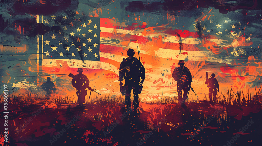 Illustration of American flag backdrop with soldiers walking silhouette, Generative AI - obrazy, fototapety, plakaty 