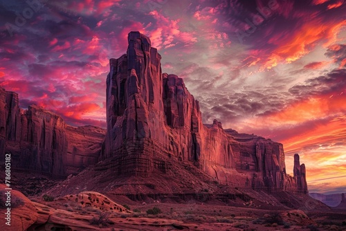 A surreal landscape with towering rock formations and a vividly colored sky  capturing the imagination with its otherworldly beauty