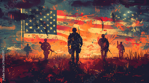 Illustration of American flag backdrop with soldiers walking silhouette, Generative AI