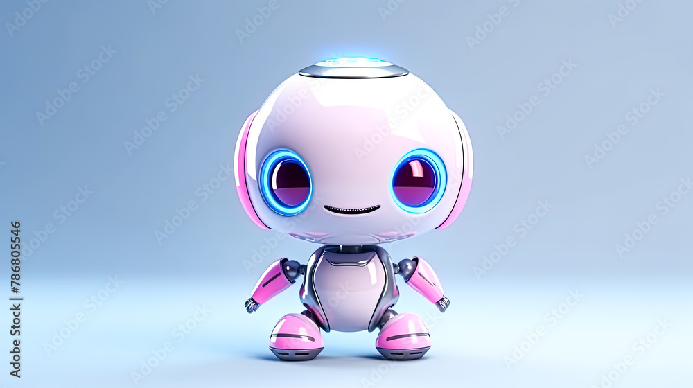 A robot with blue eyes and pink body stands in front of a blue background
