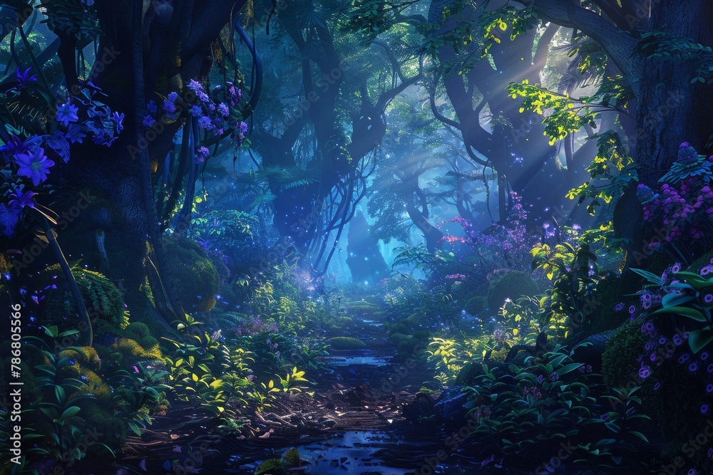 An enchanting forest scene with ethereal lighting and vibrant foliage, transporting viewers to a magical realm of fantasy