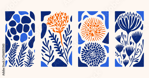 マティスの抽象的なフラワーアートセット。トレンディな素朴なレトロなスタイルの有機的な落書きの形。現代的なポスターと背景。青い色の花の植物ベクトル イラスト。