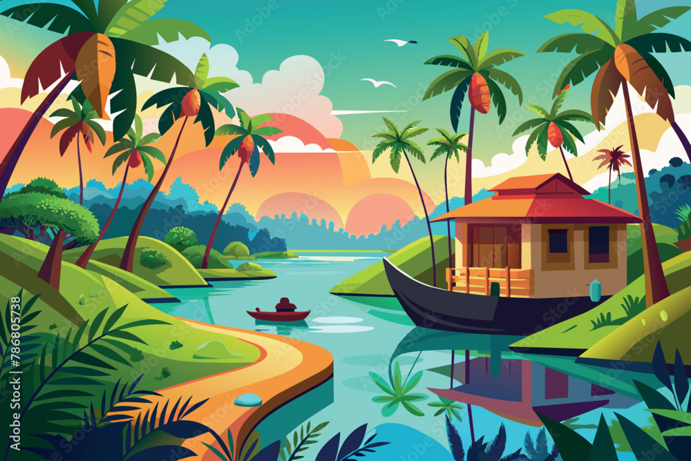 Kerala Backwater Landscape cartoon vector Illustration flat style artwork concept
