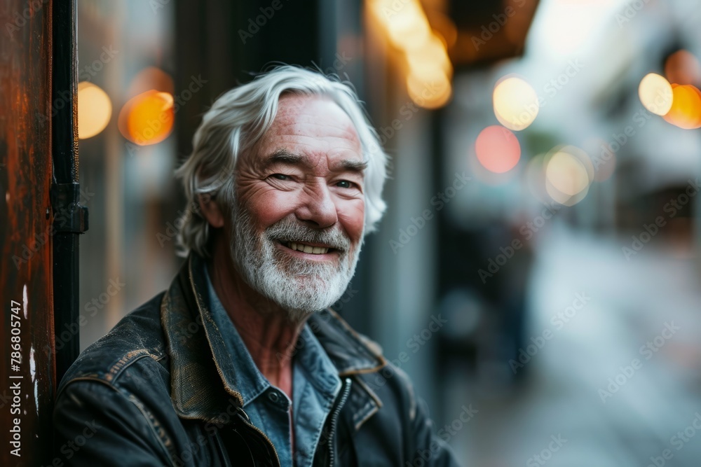 Portrait of a senior man with gray hair and beard in a leather jacket on a city street Portrait of a senior man with gray hair and beard in a leather jacket on a city street