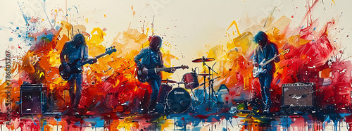 Illustrative painterly style vibarant multicolored rock n roll band white background generative ai