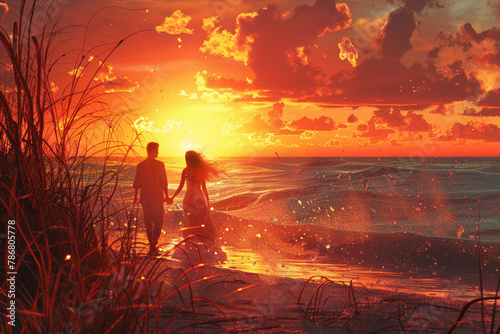 A beautiful couple on the beach having an elegant view with sun set