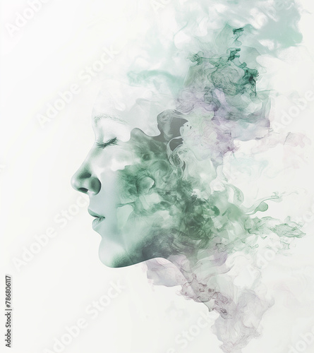 Blending double exposure a beautiful woman face profile with watercolor.
